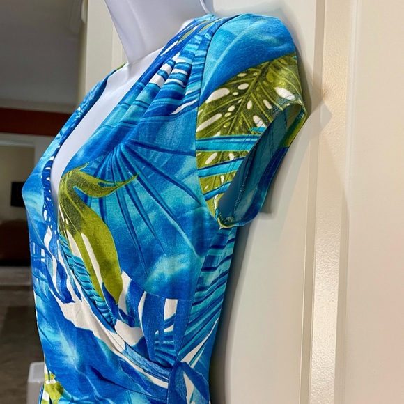 Cache Blue and Green Dress Tropical Leaf Ruched Bodycon Faux Wrap Size Small - Picture 4 of 9